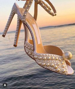 Summer Luxurious Brand Sacora Sandals Shoes White Pearls Leather Wedding Bridal Women Strappy Gladiator Sandalias Exquisite Evening Pumps