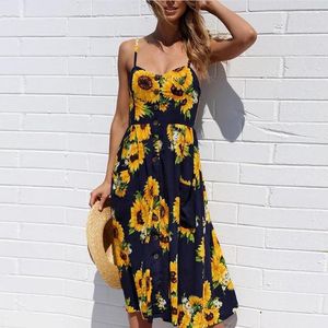 Plus Storlek Casual Print Summer Beach Dress Sundress Sexy Spaghetti Strap V-Neck Button Women Midi Dress Vestidos S-3XL