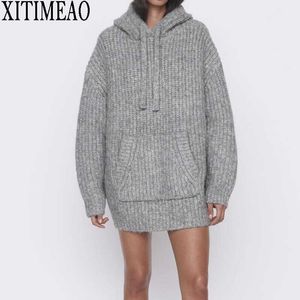 ZA Autumn Winter Women Hooded Thickened Long Sweaters Pullovers Warm Minimalist Solid Color Knit Shirt Lady Chic Tops 210602