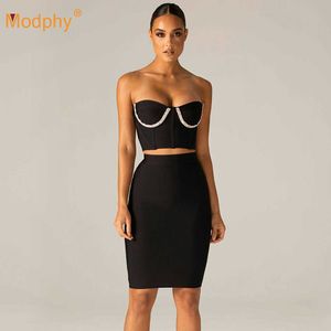 Spring Fashion Black Women's Bodycon Bandage Set Sexig Strapless Diamond Backless Short Top och Kjol Party 2 Tvådelad 210527