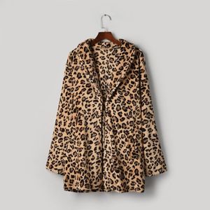 Женская шерстяная смесь женщин леопард печатает искусственный мех плюс размер пальто роскошный свободный отворот толщиной теплый длинный длинный пальто женские плюшевые тупыми зимой JA