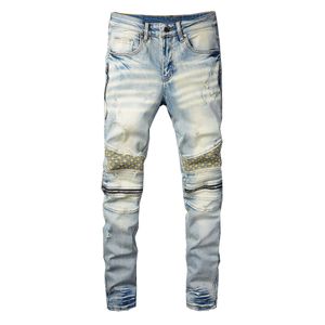 Men Jeans Biker Patch Light Blue Men's High Quality Denim Pants Motorcycle Trousers Big Size 28-40