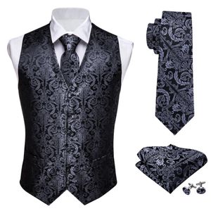 Designer Mens Classic Black Paisley Jacquard Folral Silk Waistcoat Vests Handkerchief Tie Vest Suit Pocket Square Set BarryWang