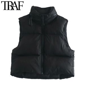 TRAF Women Fashion Hooded Dold Inside Beskuren Padded Waistcoat Vintage Ärmlös Zip-up Kvinna Ytterkläder Chic Toppar 210415