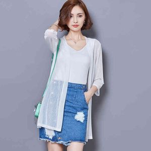 Plus Size Women Clothing Ladies White Knitted Coat Summer Cardigan Sexy Transparent Blouse Shirt Tops blusas 592J 210420