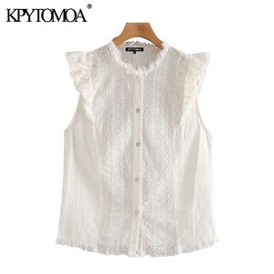 Women Fashion Embroidery Frayed Trims Ruffled Blouses Sleeveless Button-up Female Shirts Blusas Chic Tops 210420