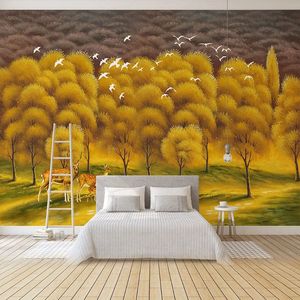 Papel de parede personalizado estilo europeu estilo pintado pintado a óleo floresta dourado voando pássaro pássaro fundo parede parede decoração