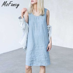 MSFancy 여름 조끼 드레스 여성 Boho Cotton Vestido de Mujer 민소매 포켓 플러스 사이즈 캐주얼 Femme Roves 210604