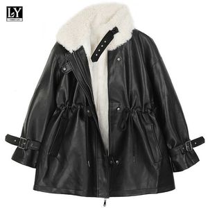 Ly Varey Lin Winter Mulheres Quentes de Pelúcia Grosseira Outerwear Lambs Lã Curta Motocicleta Casaco de Couro Faux Fur 210526