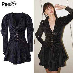 Women Velvet Sexy Loose A Line Dress Pure V Neck Single Buttons Puff Sleeve Party Night Elegant Black Sequin Mujer 210421