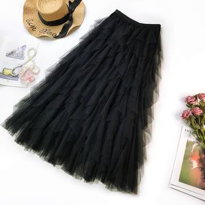 Fashion Tutu Tulle Skirt Women Long Maxi Skirt Spring Summer Korean Black Pink High Waist Pleated Skirt Female 210419