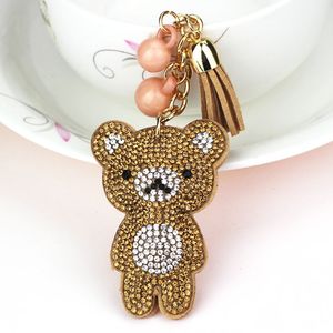 Rhinestone Keychains Bear Key Ringar Kvinnor Läderväska Charm Pendant