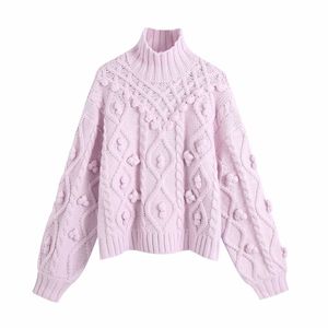 Casual Woman Purple Furry Ball Sweater Fashion Ladies Autumn Soft Mock Neck Knitwear Female Sweet Solid Color Knit Top 210515