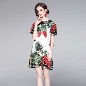 ファッション滑走路夏のドレス女性半袖シックなブドウプリントビンテージミニ210529