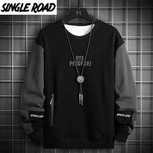 Single Road Crewneck Sweatshirt Men Embroidery Patchwork Oversized Japanese Streetwear Hip Hop Black Hoodie Sweatshirts 210813