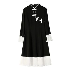 Women Chinese Style Dress Cheongsam Long Sleeve Mini Black And White Patchwork Flare Buckle D1740 210514