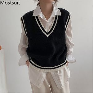Maglione lavorato a maglia con scollo a V autunno coreano Gilet donna Vintage Elegante moda donna Top Pullover Femme 210513