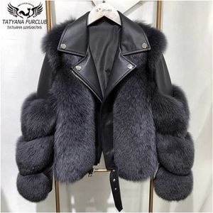 Wintermode Frauen Echte Pelzmäntel mit echtem Schaffell Leder Ganze Haut Natürliche Jacke Luxus Outwear 211124