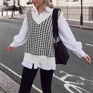 Houndstooth knitted sweater vest women V neck sleeveless oversized pullover vintage Fall winter female waistcoat 210914