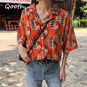 Luźna Bluzka Qooth Damska Lato Kwiatowy Drukuj Wyłącz Kołnierz Z Długim Rękawem Bluzki Plaża Boho Casual Kobiet Tops Bluzka QH2275 210518