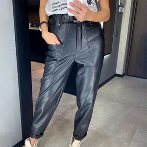 PU High Waist Faux Läderbyxor Kvinna Stora Fickor Design Vintage StreetWear Casual Kvinnor Straight Pant Spring Lady 210518