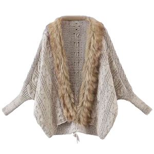 Vintage Mulheres Faux Fur Cardigan Moda Moda Senhoras Loose Bege Knitwear Casual Morcas Feminino Sleeers Girls 210515