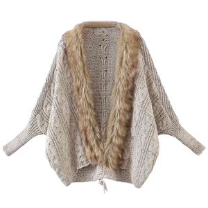 Vintage Frauen Faux Pelz Strickjacke Herbst Mode Damen Lose Beige Strickwaren Casual Weibliche Fledermaus Ärmel Pullover Mädchen 210515