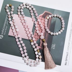 8mm rose quartzo branco louco ágata grânulos de ouro knotted 108 japamala colar meditação yoga bênçãos jóias tibetan rosário conjunto