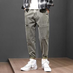 Korean Style Fashion Casual Men Jeans Loose Fit Big Pocket Cargo Pants Light Green Streetwear Hip Hop Wide Leg Harem Trousers