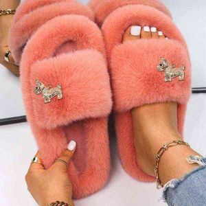 Women's Slippers Fluffy Flip Flops Cute Animal Puppy Furry Slides Luxury Design Slippers Flat Faux Fur Sandals Platform Shoes Y220214