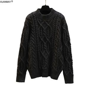 Winter Coarse wool Warm Pullover Sweater Hand-woven Retro Cool Men's Bright Red Twisted Pattern Men 211006