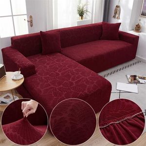 Jacquard Plush Fabric Wine Red Sofa Cover For Living Room Solid Color All-inclusive Modern Elastic Corner Couch Slipcover 45010 211116