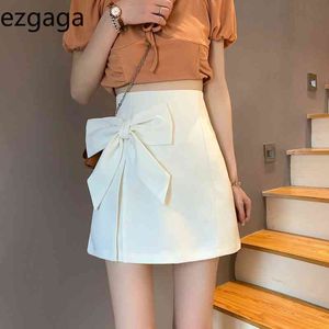 Ezgaga Chic Summer New Bow Skirts Women Korean Fashion Solid A-Line Black Mini Skirt Office Lady Short Skirt White 210430