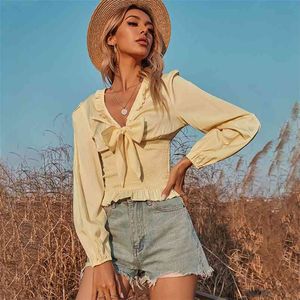 Long Sleeve Bowknot Blouse Shirts with Ruffles Spring Autumn Casual Yellow Short Tops Pelpum Slim Top 210427