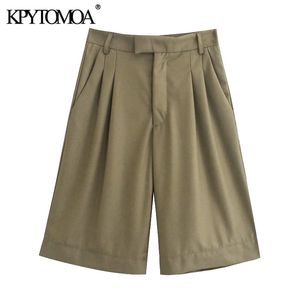 Women Chic Fashion Side Pockets Darted Bermuda Shorts Vintage High Waist Zipper Fly Female Short Pants Mujer 210416