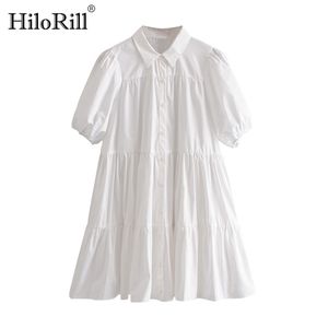 Casual Branco mini vestido mulheres lanterna manga curta fêmea plissada girada para baixo colarinho plus size ladies es robe 210508