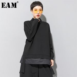 [Eam] Ajuste solto Assimétrico Suéter Oversized Moletom Alto Collar Manga Longa Mulheres Grande Tamanho Moda Primavera Outono 19A-A124 210816