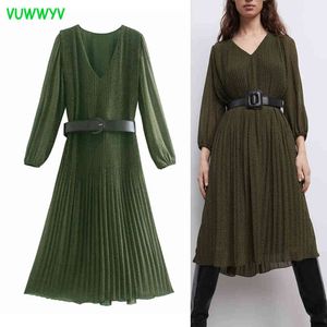 VUWWYV Green Print Ruched Chiffon Dress Women Vintage Evening Party Midi Woman Spring Long Sleeve Contrast Belt Vestido 210430