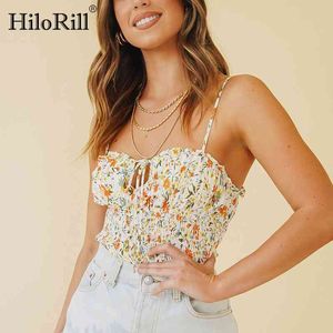 Mulheres Floral Impressão Sexy Spaghetti Strap Tops Bow Laço Sem Mangas Sem Encosto Estiramento Crop Top Chic Ruffles Senhoras Camisole 210508