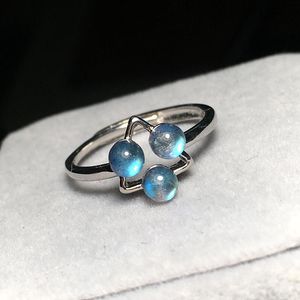 100 Real Blue Natural Moonstone Sterling Silver Open Band Ring Women Precious Stone Rainbow Bright Triangle S925 Lady Rings
