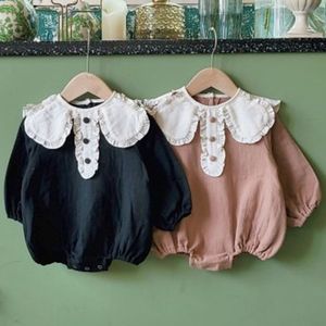 Vår Höst Kids Girl Långärmad Lace Rompers Infant Baby Born Kläder Nedgång Krag 210429