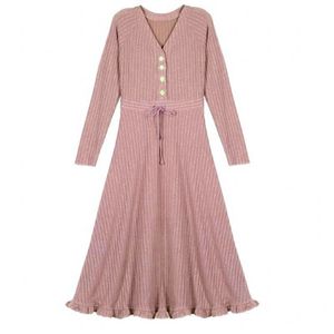 Pink V Neck Button Long Sleeve Fit And Flare Knitted Dress Midi Ruffle Autumn Winter Elegant Solid D0746 210514