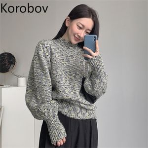 Korobov Autumn Winter Thick Basic Women Sweaters Korean Vintage Hit Color Dot Harajuku Japanese Sueter Mujer Turtleneck Top 210430