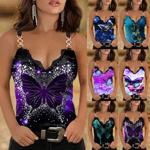 Summer New Lace Decoration V-neck Printed Camisole T-shirt Plus Size Women's Casual Sleeveless Top Fashion Sexy Clothing