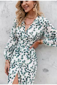 Women Print Long Dress Woman sleeve V neck Sexy Dresses Female Summer Clothing Girls Spring Fashion Clothes 2021