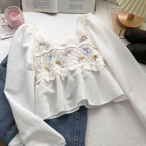 Spring Korean Chic Sweet Temperament Slim Puff Long Sleeve Square Neck Blouse Women Floral Embroidery Doll Tops Crop Blusas 210610