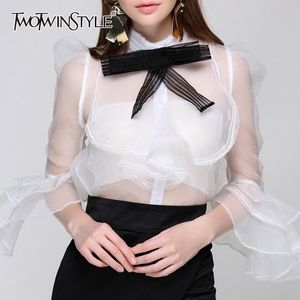 Rüschen Perspektive Hemd für Frauen Bowknot Hals Flare Ärmeln Slim Fit Bluse Top Weibliche Sommer Mode 210524