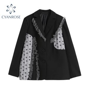 Koreanska stil blazer kvinnor oregelbunden ruffle spliced ​​coat kvinnlig elegant fest svart singel breasted streetwear mode outwea 210417