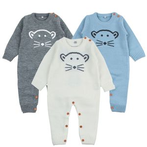 0-3Y Moda Baby Boy Romper Funny Cartoon Bear Dzianony Born Girl Crompsits Spring Kombinezony dla dzieci One Piece Stroje 210417