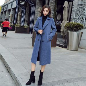 HANZANGL Herbst Winter Plus Size Wollmantel Damen Langer Abschnitt Zweireihiger Umlegekragen Blau Damen Wollmäntel Mantel 210930